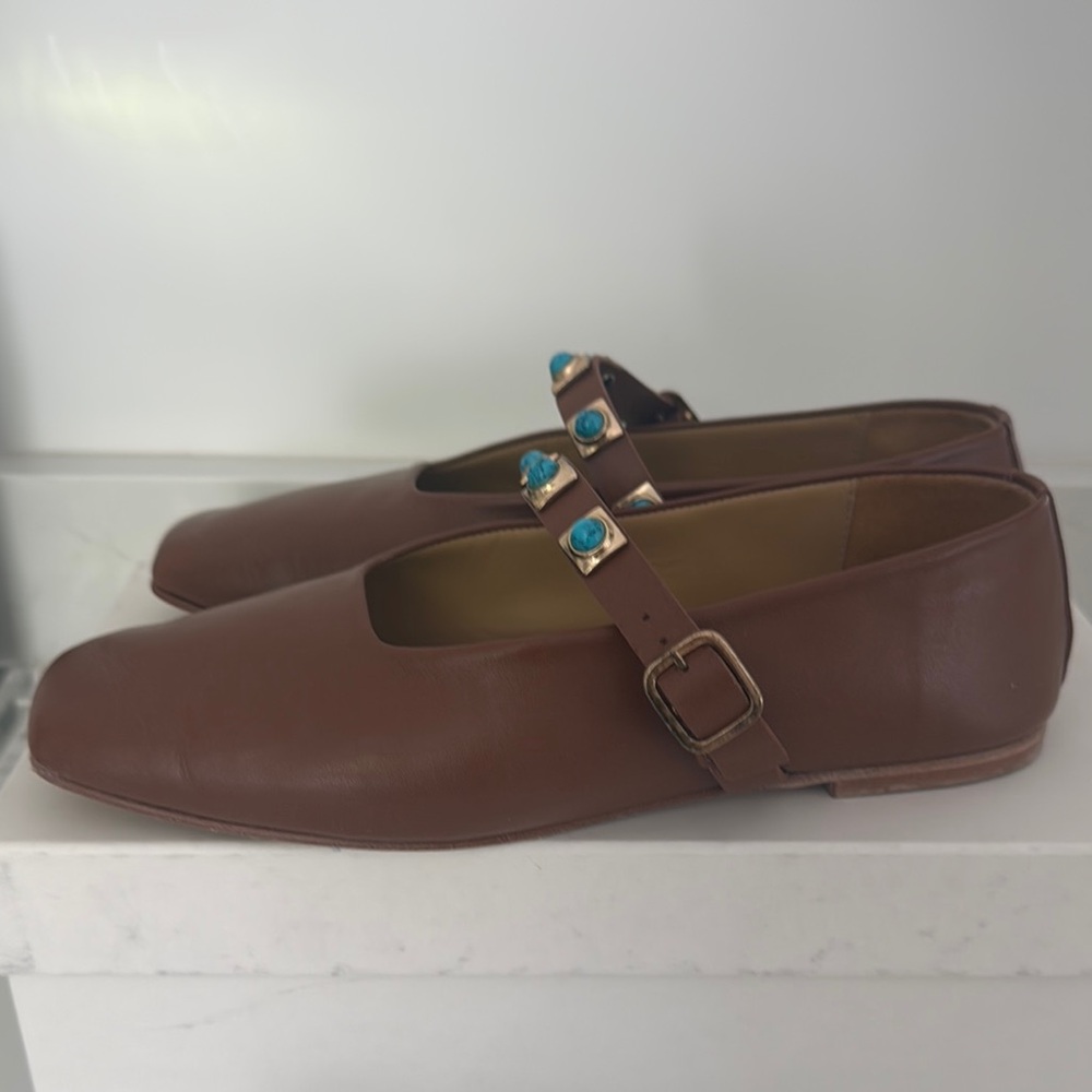 Freda Salvador Brown Leather Mary Jane Flats with Turquoise Accent - Picture 4 of 5